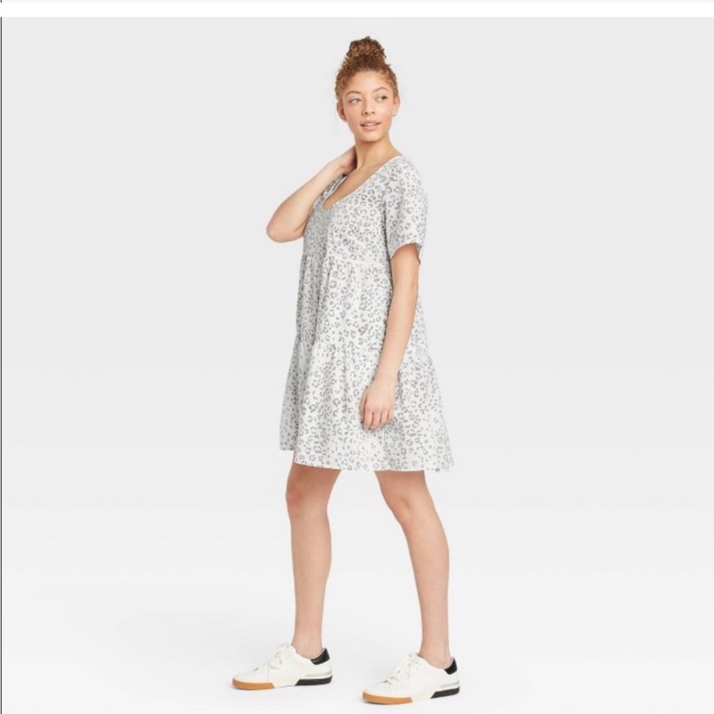 Women's Flutter Short Sleeve Tiered Dress - A New Day Cream Leopard Print M
